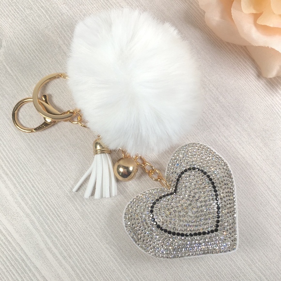 Rhinestone Heart Furry Tassel Keychain - Picture 4 of 6